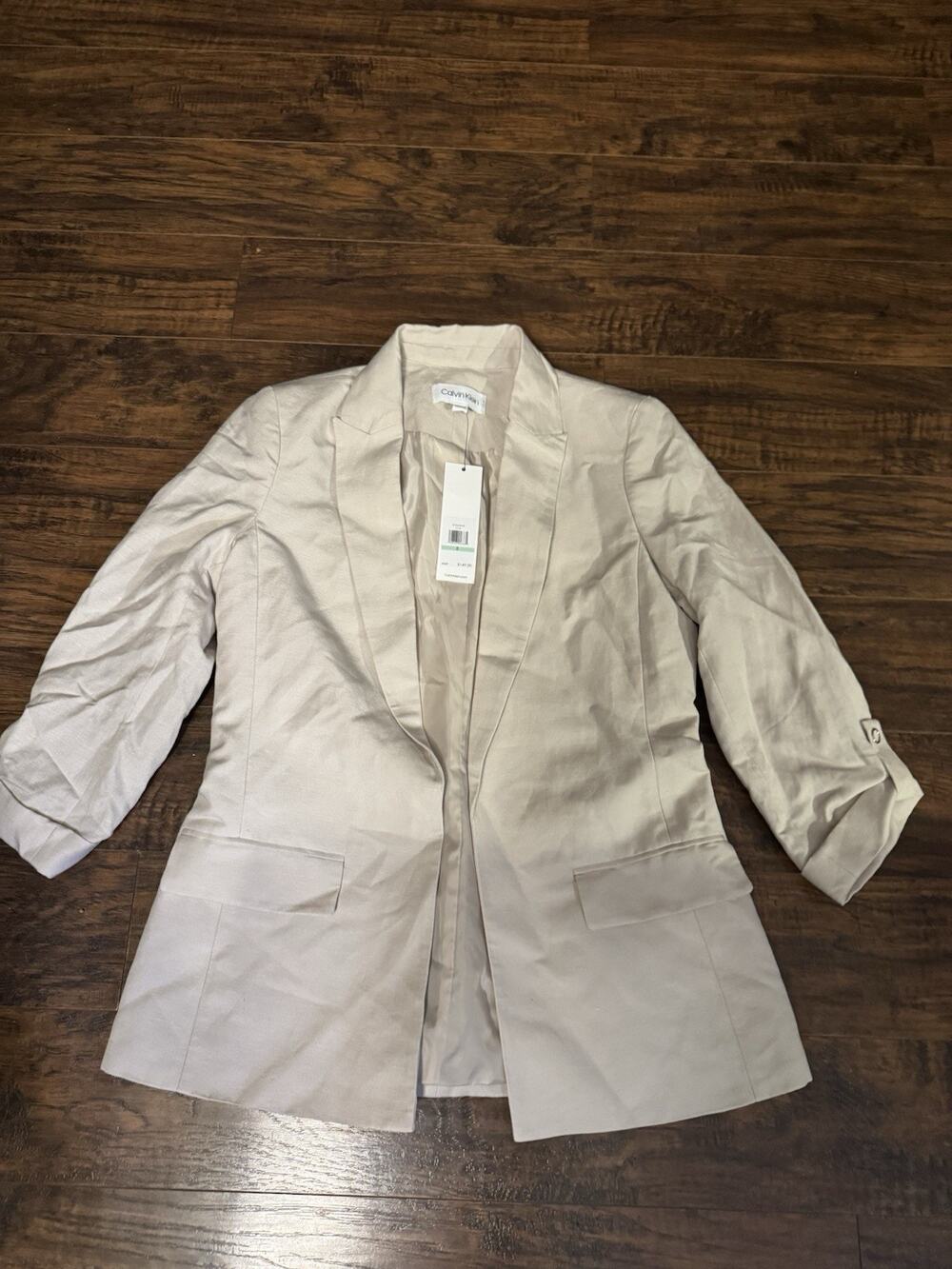 Calvin Klein Blazer Women Tan Linen Rayon Open Front Chic Sz:8